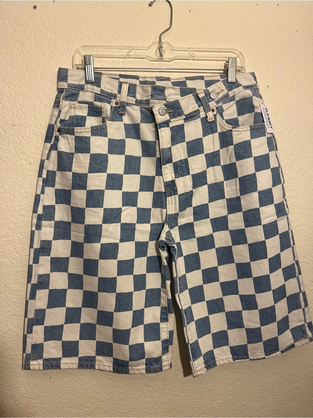 Old Navy Blue and White Checkerboard Denim Shorts